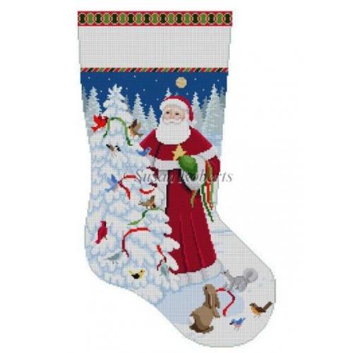 Santa / Decorating Bird Tree Stocking Painted Canvas Susan Roberts Needlepoint Designs Inc. 
