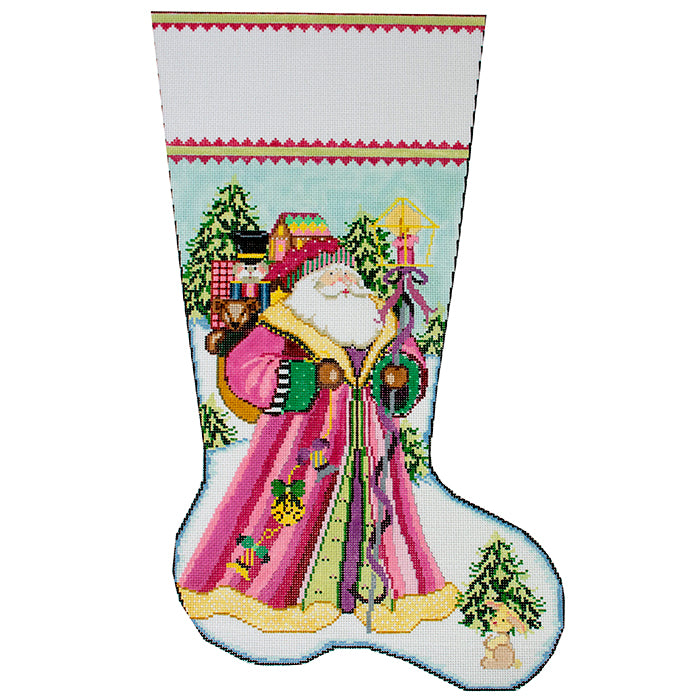 Santa Delivers in Pink Stocking Painted Canvas NeedleDeeva 