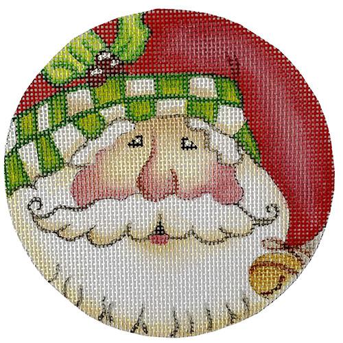 Santa Face Round - Red Hat with Green Check Painted Canvas All About Stitching/The Collection Design 