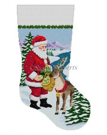Santa Feeding Apples to Reindeer Stocking Painted Canvas Susan Roberts Needlepoint Designs Inc. 