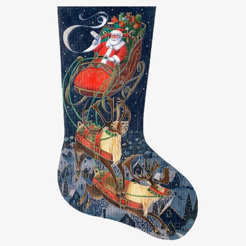 Santa Flying Through the Stars Stocking on 18 Painted Canvas Susan Roberts Needlepoint Designs Inc. 