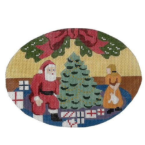 Santa & Girl Oval Ornament Painted Canvas Silver Needle 