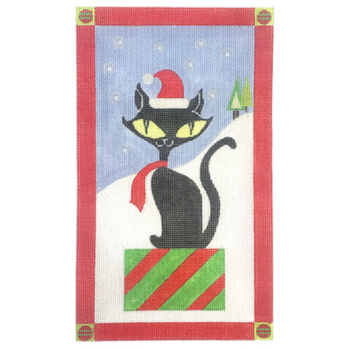 Santa Kitty on Present Painted Canvas Eye Candy Needleart  - 1