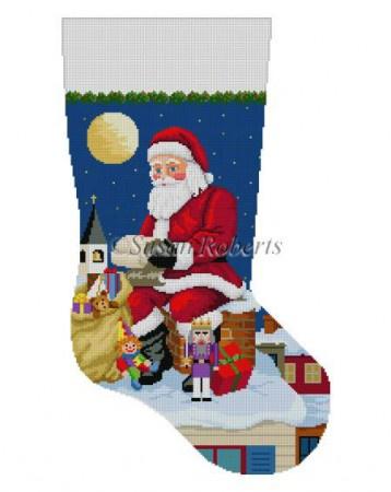 Santa Reading List on Chimney Stocking Painted Canvas Susan Roberts Needlepoint Designs Inc. 