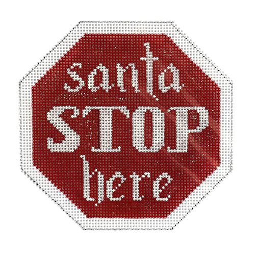 Santa Stop Here Ornament Painted Canvas Kimberly Ann Needlepoint  - 1