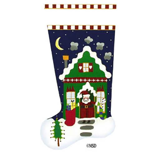 Santa with Green House Stocking Painted Canvas Melissa Shirley Designs  - 1