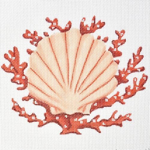 Scallop Shell w/ Coral Painted Canvas Kate Dickerson Needlepoint Collections 