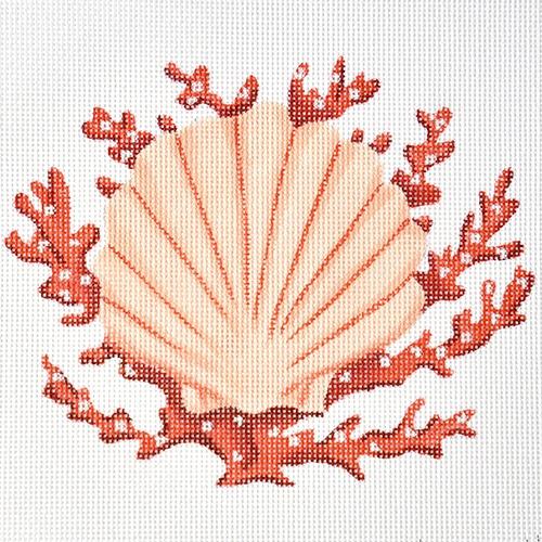 Scallop Shell w/ Coral Painted Canvas Kate Dickerson Needlepoint Collections 
