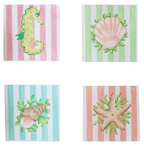 Sea Creatures on Pastel Cabana Coasters Painted Canvas Kate Dickerson Needlepoint Collections  - 1