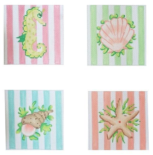 Sea Creatures on Pastel Cabana Coasters Painted Canvas Kate Dickerson Needlepoint Collections 