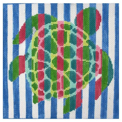 Sea Turtle on Stripes Painted Canvas Two Sisters Needlepoint 