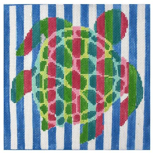 Sea Turtle on Stripes Painted Canvas Two Sisters Needlepoint 
