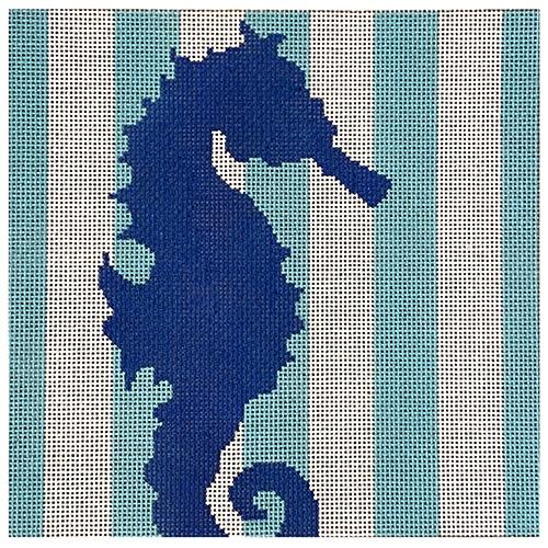 Seahorse Stencil on Aqua Stripes Painted Canvas Two Sisters Needlepoint 