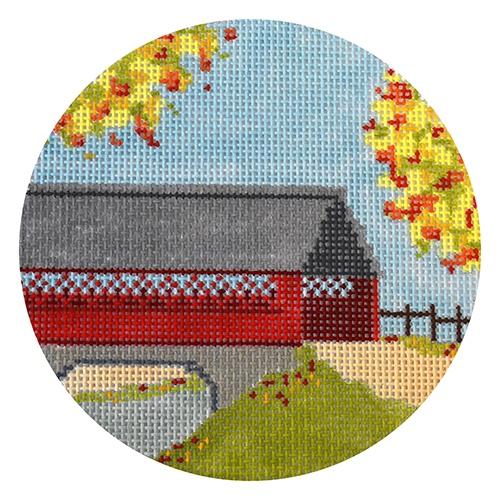 September - Covered Bridge Painted Canvas The Plum Stitchery 