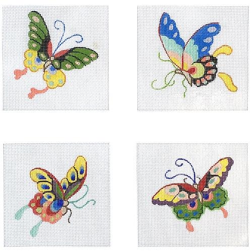 Set of 4 Coasters   Chinese Butterflies Painted Canvas Kate Dickerson Needlepoint Collections  - 1