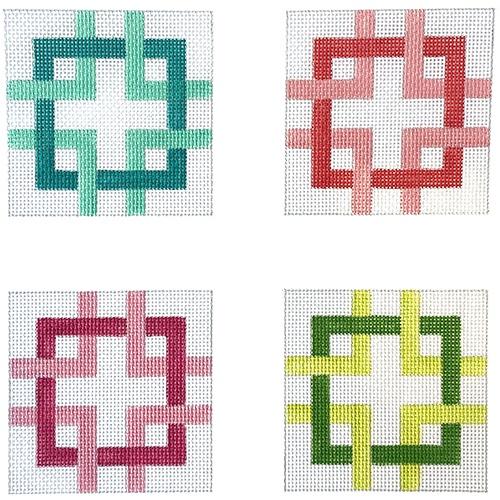 Set of 4 Coasters - Interlocking Squares - Multi Brights Painted Canvas Kate Dickerson Needlepoint Collections 