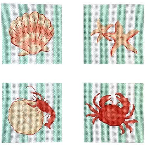 Set of 4 Coasters - Shells & Crustaceans - Turquoise Painted Canvas Kate Dickerson Needlepoint Collections 