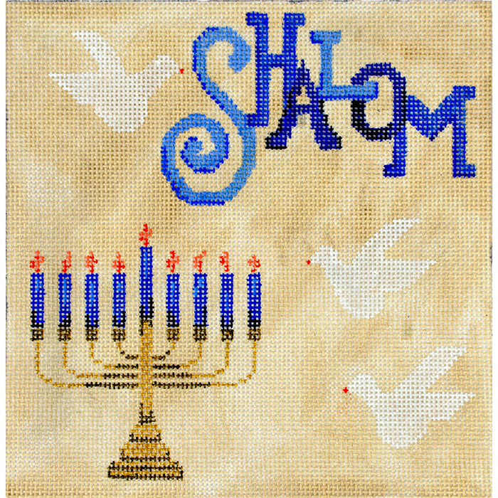 Shalom, Doves, & Menorah Painted Canvas Patti Mann  - 1