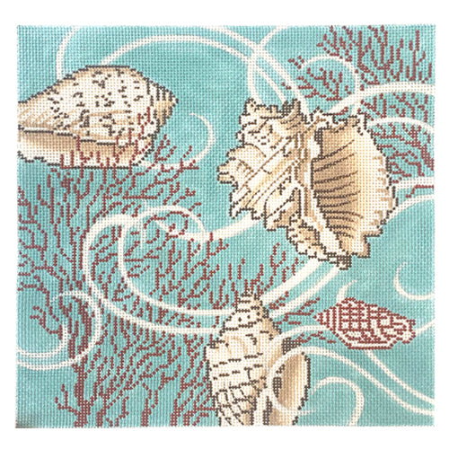 Shells on Blue Pillow Painted Canvas Alice Peterson Company 