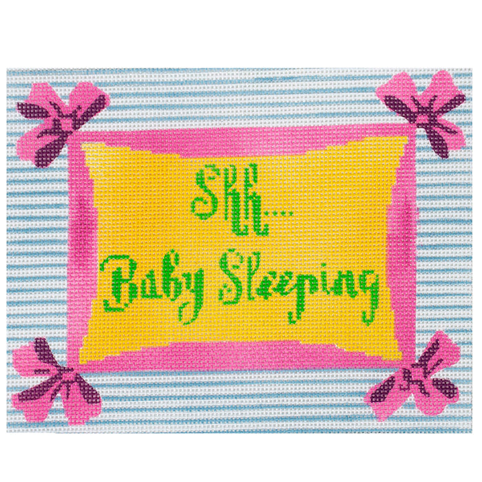 Shh... Baby Sleeping Pink Ribbon on Stripes Painted Canvas A Poore Girl Paints  - 1
