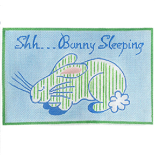 Shh... Bunny Sleeping   Green Striped on Blue Painted Canvas Kate Dickerson Needlepoint Collections 
