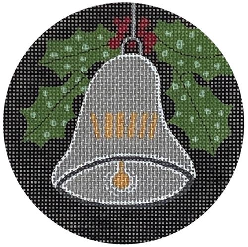 Silver Bell with Holly on Black Painted Canvas ditto! Needle Point Works 