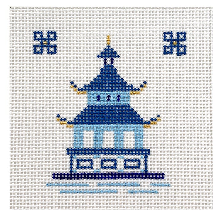 Single Pagoda Coaster #1 - Blue Painted Canvas Patricia Sone 