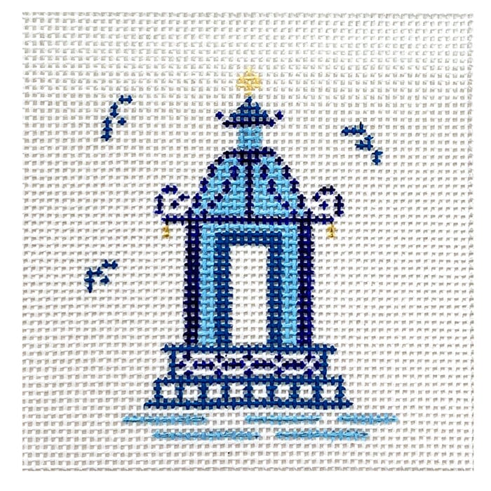 Single Pagoda Coaster #4   Blue Painted Canvas Patricia Sone  - 1
