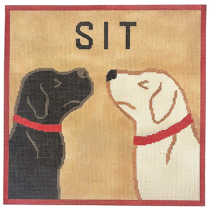 SIT 2 Dogs Painted Canvas Susan Battle Needlepoint 
