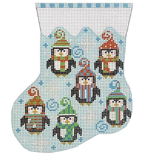 Six Penguins Mini Stocking Painted Canvas Danji Designs  - 1