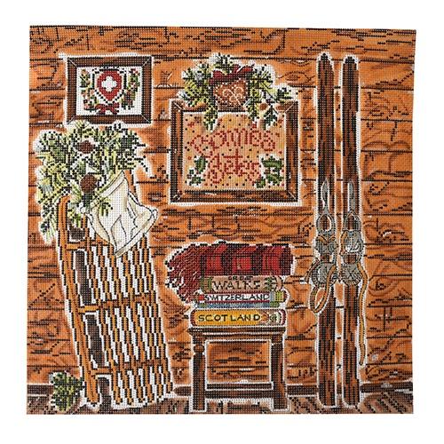 Ski Cabin on 13 Mesh Painted Canvas Cooper Oaks Design 