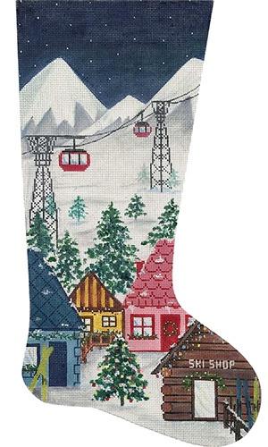 Ski Village Stocking Painted Canvas Alice Peterson 
