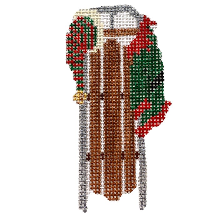 Sled with Elf Outfit Painted Canvas Anne Fisher Needlepoint LLC 
