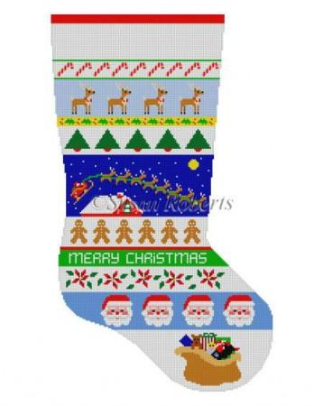 Sleigh Over Rooftop Stripe Stocking Painted Canvas Susan Roberts Needlepoint Designs Inc. 
