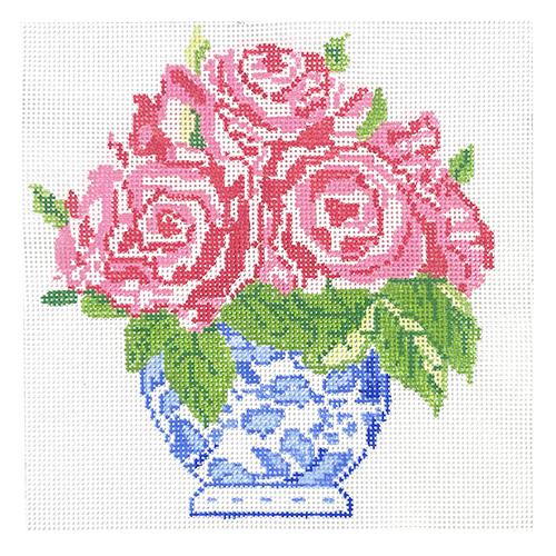 Small Blue Vase of Roses Painted Canvas Jean Smith  - 1