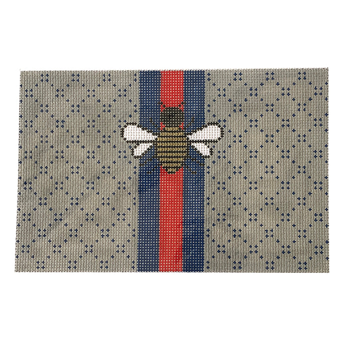Small Flat Bee and Stripes - Gray/Blue Painted Canvas Kimberly Ann Needlepoint 