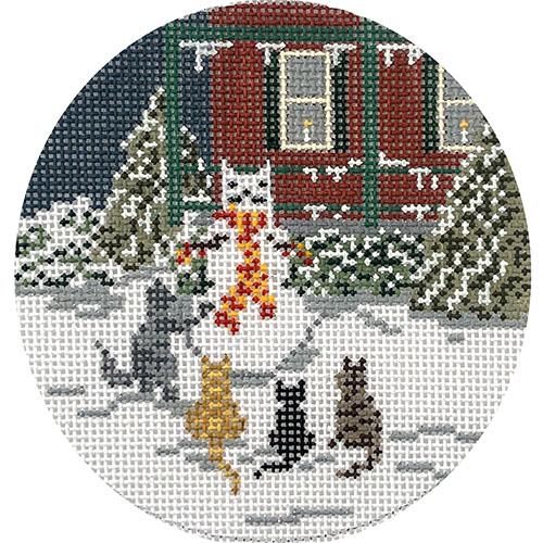 Snow Cat Party Round Painted Canvas Needle Crossings  - 1