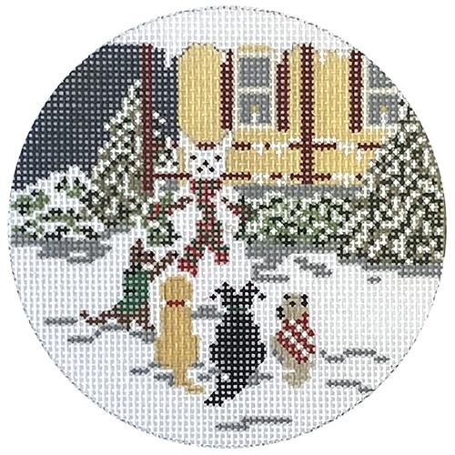 Snow Dog Party Round Painted Canvas Needle Crossings  - 1