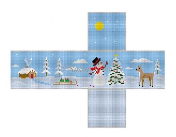 Snowman Decorating Tree Cube Painted Canvas Susan Roberts Needlepoint Designs Inc.  - 1