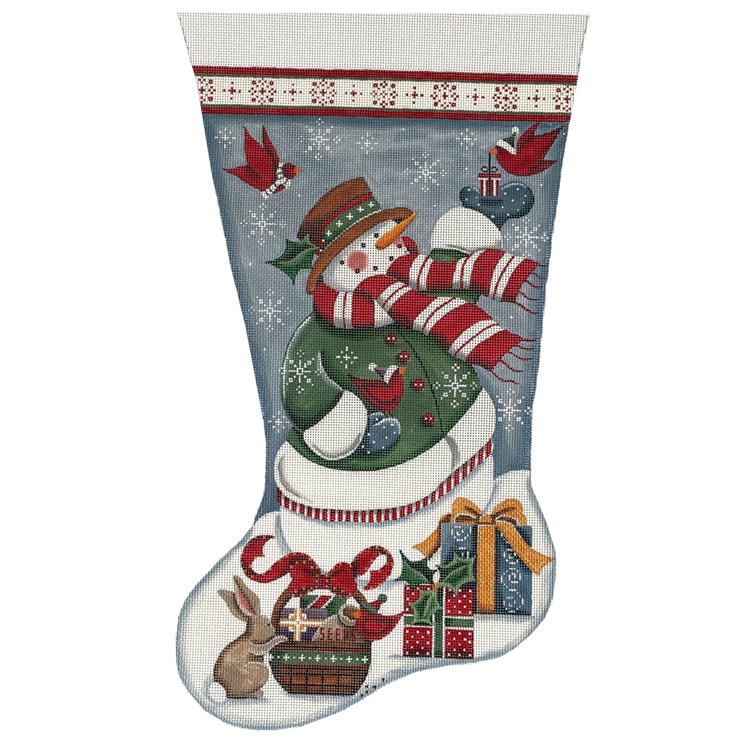 Snowman Presents Stocking on 13 Painted Canvas Rebecca Wood Designs 