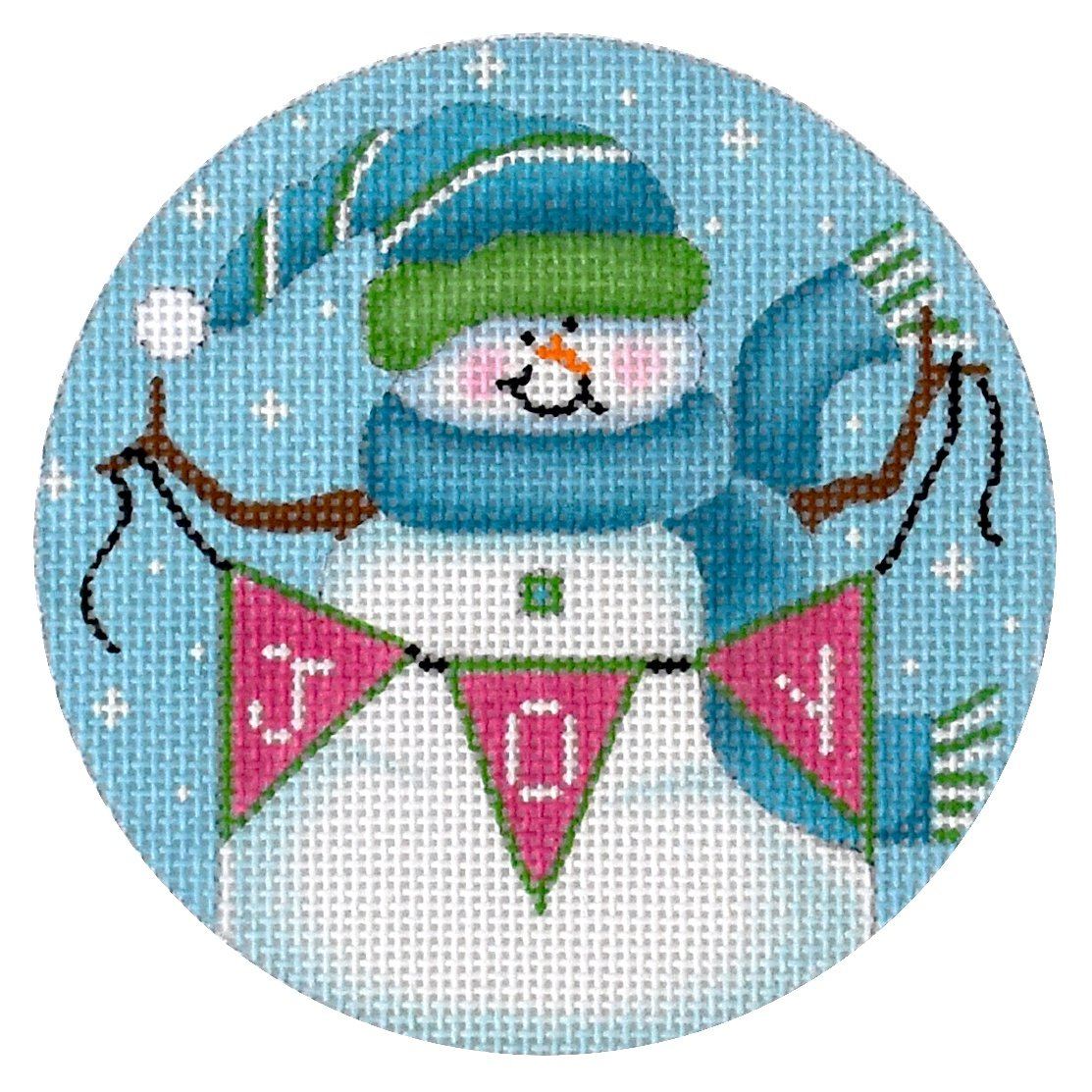 Snowman with Joy Banner, Blue / Green Painted Canvas Pepperberry Designs 