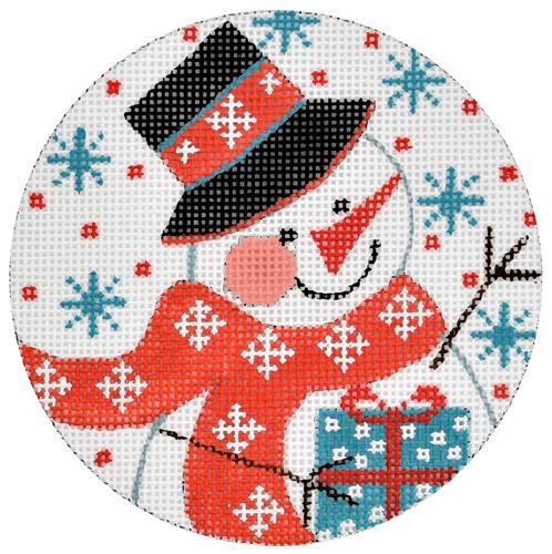 Snowman with Present Ornament Painted Canvas Danji Designs 