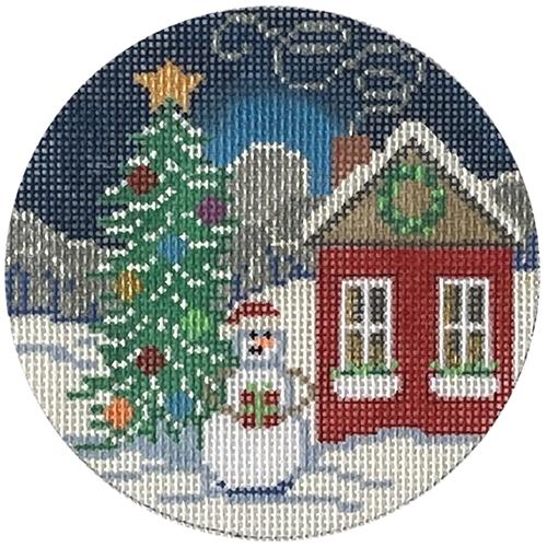 Snowman with Tree & Red House Painted Canvas Alice Peterson Company 