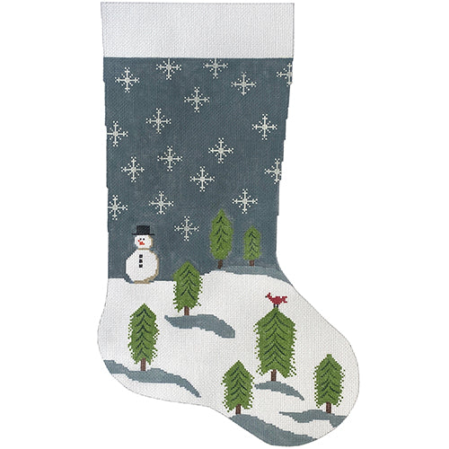 Snowman with Trees Stocking Toe Facing Right Painted Canvas J. Child Designs  - 1
