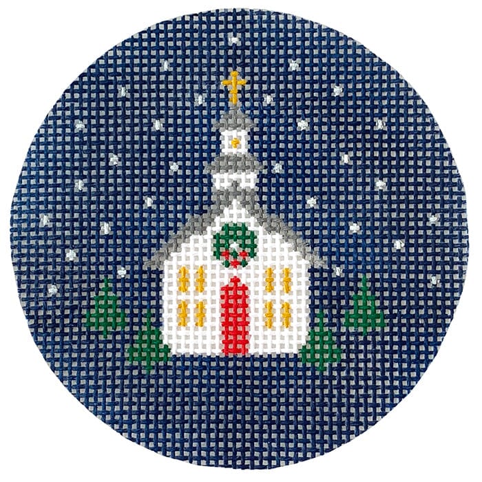 Snowy Church Mini Round Painted Canvas Le Point Studio 