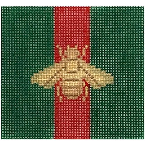 Square 3" Insert - Gold Bee on Green with Red Stripe Painted Canvas Kate Dickerson Needlepoint Collections 