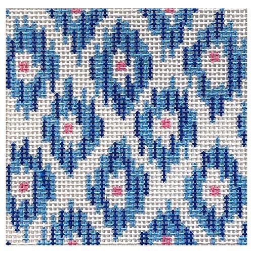 Square Insert - Ikat Medium Blues with Pink Painted Canvas Kate Dickerson Needlepoint Collections 