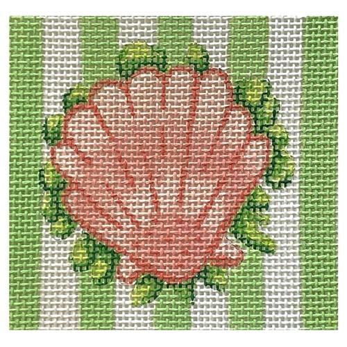 Square Insert - Scallop Shell on Green Cabana Stripes Painted Canvas Kate Dickerson Needlepoint Collections 