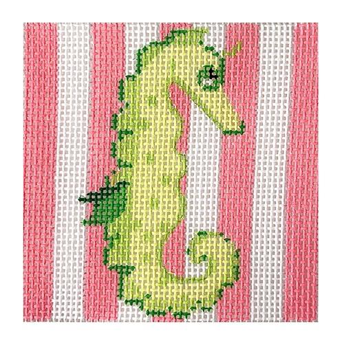 Square Insert - Seahorse on Pink Cabana Stripes Painted Canvas Kate Dickerson Needlepoint Collections 