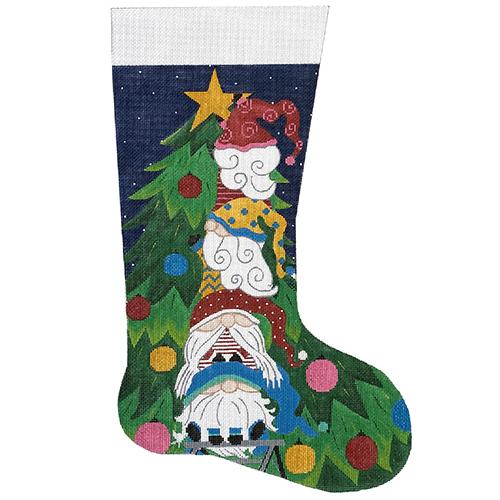 Stacked Gnomes Stocking Painted Canvas Alice Peterson Company  - 1